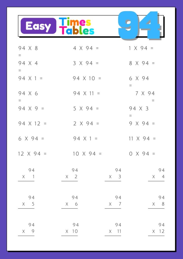 Images with printable exercises of multiplication table 94